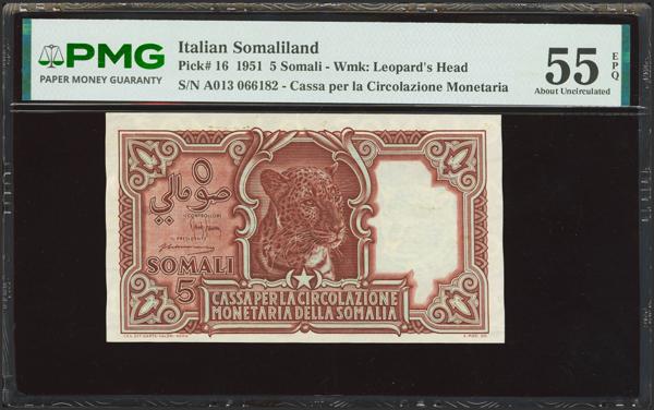 851 - SOMALILAND ITALIAN. 1 Somali. 1951. Cassa per la Circolazione Monetaria della Somalia. (Pick: 16). PMG55EPQ. - 500€