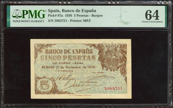 142 - 5 Pesetas. 21 de Noviembre de 1936. Sin serie. (Edifil 2023: 417, Pick: 97a). Rarísimo, en esta excepcional calidad. SC. Encapsulado PMG64. - 2.000€