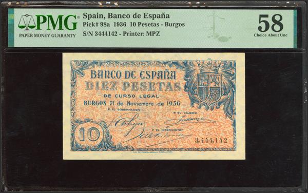 143 - 10 Pesetas. 21 de Noviembre de 1936. Sin serie. (Edifil 2023: 418, Pick: 98a). Rarísimo en esta calidad. EBC+++. Encapsulado PMG58. - 1.000€