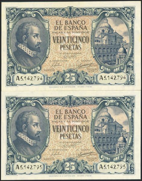 177 - 25 Pesetas. 9 de Enero de 1940. Pareja correlativa. Serie A. (Edifil 2021: 436). Muy rara pareja, conserva gran parte del apresto original. EBC+. - 250€