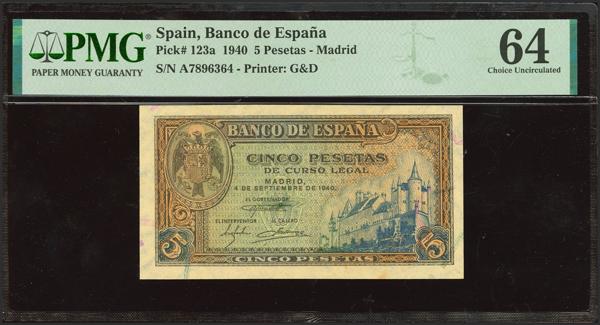 192 - 5 Pesetas. 4 de Septiembre de 1940. Serie A. (Edifil 2023: 443, Pick: 123a). SC. Encapsulado PMG64. - 80€