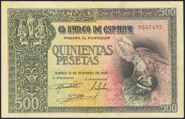 194 - 500 Pesetas. 21 de Octubre de 1940. Sin serie. (Edifil 2023: 444). Inusual en esta calidad, apresto original, billete de gran presencia con la viñeta conservando gran parte de su frescor. EBC-. - 225€