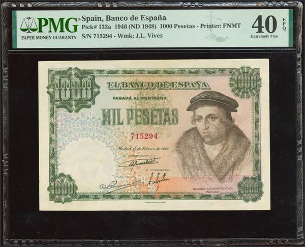 211 - 1000 Pesetas. 19 de Febrero de 1946. Sin serie. (Edifil 2021: 453, Pick: 133a). Inusual, apresto original. EBC. Encapsulado PMG40EPQ. - 225€