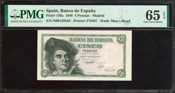 217 - 5 Pesetas. 5 de Marzo de 1948. Serie N, última serie emitida. (Edifil 2023: 455b, Pick: 136a). Muy raro en esta excepcional calidad, apresto original. SC. Encapsulado PMG65EPQ. - 500€