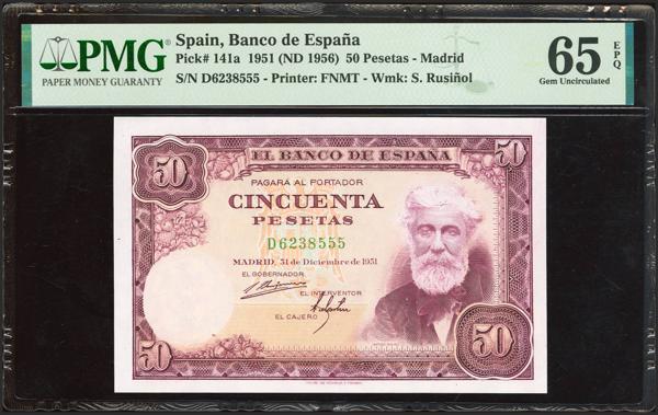 241 - 50 Pesetas. 31 de Diciembre de 1951. Serie D y a falta de la firma del cajero. (Edifil 2023: 462c, Pick: 141a). Rarísimo y más en esta excepcional calidad, apresto original. SC. Encapsulado PMG65EPQ - 650€