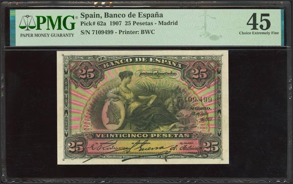 24 - 25 Pesetas. 15 de Julio de 1907. Sin serie. (Edifil 2023: 318, Pick: 62a). Raro en esta calidad. EBC-. Encapsulado PMG45. - 175€