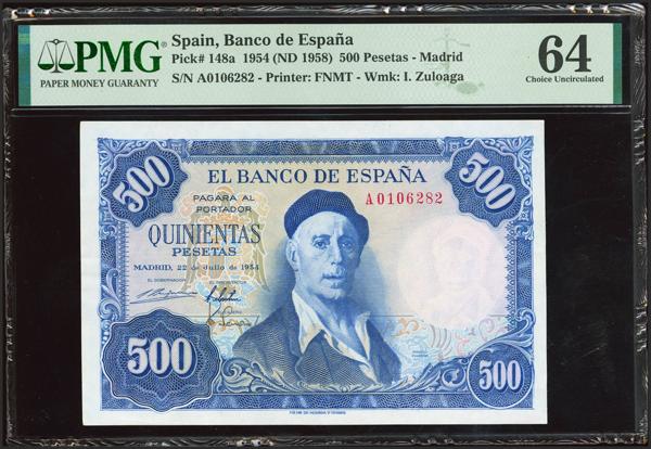 267 - 500 Pesetas. 22 de Julio de 1954. Serie A. (Edifil 2023: 468a, Pick: 148a). Raro en esta calidad. SC. Encapsulado PMG64. - 150€