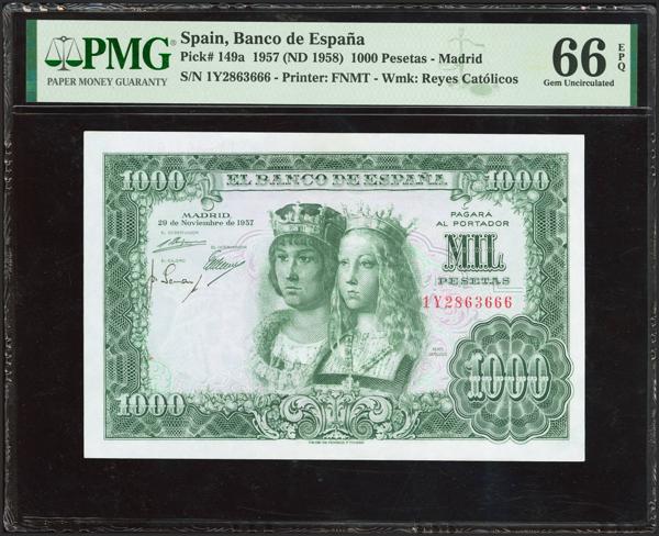 278 - 1000 Pesetas. 29 de Noviembre de 1957. Serie 1Y, última serie emitida. (Edifil 2023: 469c, Pick: 149a). Rara serie, especialmente en esta calidad. SC. PMG66EPQ. - 120€