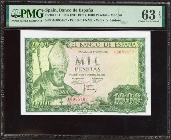 285 - 1000 Pesetas. 19 de Noviembre de 1965. Serie A. (Edifil 2023: 471a, Pick: 151). Inusual serie, apresto original. SC. Encapsulado PMG63EPQ. - 75€