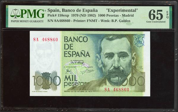 329 - 1000 Pesetas. 23 de Octubre de 1979. Serie especial 8A. (Edifil 2023: 477c). Muy rara serie especialmente en esta execepcional calidad. SC. Encapsulado PMG65EPQ. - 300€