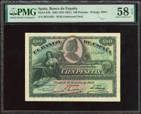 47 - 100 Pesetas. 15 de Julio de 1907. Sin serie y sello en seco GOBIERNO PROVISIONAL DE LA REPUBLICA / 14 ABRIL 1931. (Edifil 2023: 343, Pick: 64b). Inusual, apresto original. EBC+++. Encapsulado PMG58EPQ. - 300€