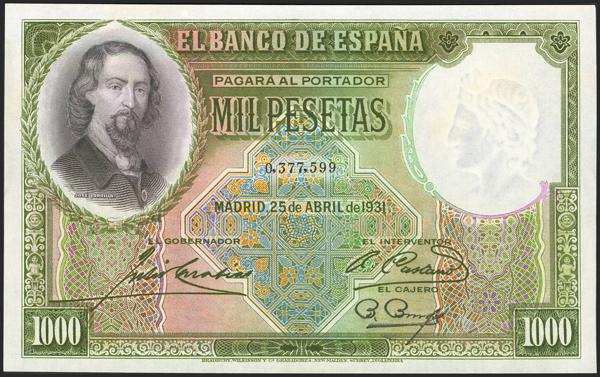 80 - 1000 Pesetas. 25 de Abril de 1931. Sin serie. (Edifil 2021: 362). Raro, conserva todo su apresto original. SC-. - 675€