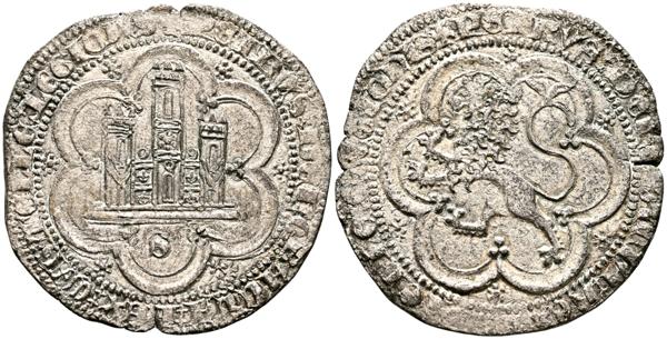 1329 - PEDRO I (1350-1369). ¿4 Maravedís?. (Ve. 5,54g/32mm). Sevilla. (FAB-386). Anv: Castillo de tres torres con flor en la torre central, debajo S, todo dentro de grágila lobular, alrededor leyenda: PETRVS DEI GRACIA REX CASTELLLE E LEGIONIS. Rev: León rampante a izquierda dentro de gráfila lobular, alrededor leyenda: PETRVS DEI GRACIA REX CASTELLE LEGIONIS. MBC+. Atractivo ejemplar. - 450€