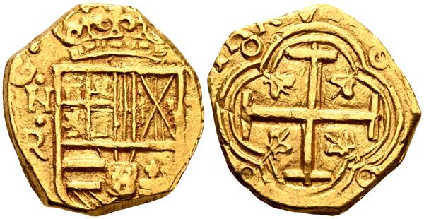 1511 - FELIPE IV (1621-1665). 2 Escudos. (Au. 6,58g/20mm). Fecha no visible. Santa Fe de Nuevo Reino (ensayador no visible). (Cal-2019-Tipo 386). MBC+. Precioso tono. Raro y atractivo ejemplar. - 1.500€