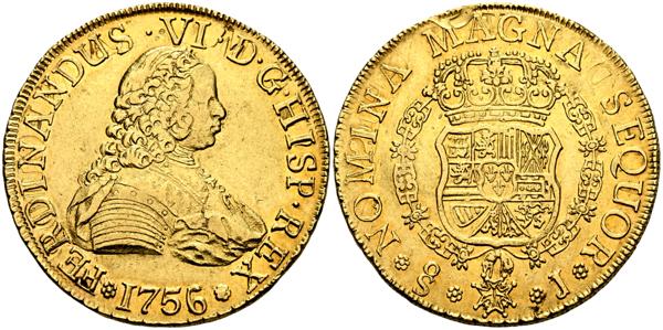 1550 - FERNANDO VI (1746-1759). 8 Escudos. (Au. 26,98g/34mm). 1756/5. Santiago J. (Cal-2019-831). EBC. Leyendas de anverso y reverso incusas. Defecto en el listel del reverso, aun así precioso ejemplar con restos de brillo original. - 4.000€