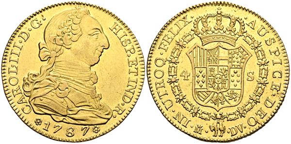 1576 - CARLOS III (1759-1788). 4 Escudos. (Au. 13,55g/30mm). 1787. Madrid DV. (Cal-2019-1793). EBC+. Restos de brillo original. Excelente ejemplar. - 1.200€