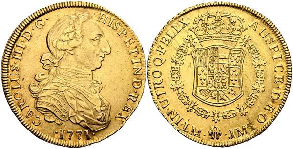 1577 - CARLOS III (1759-1788). 8 Escudos. (Au. 26,92g/37mm). 1771. Lima JM. Segundo tipo de cara de rata. (Cal-2019-1926). EBC. Brillo original. Precioso tono. Ligera hoja en reverso. Escasa y más en esta calidad. México, Lima, Santa Fe de Nuevo Reino, Santiago de Chile, Guatemala, Madrid y Sevilla, acuñan entre 1672 y 1772 el famoso Cara de Rata, uno de los retratos más icónicos del grabador y medallista Tomás Francisco Prieto y de toda la numismática española y que aparecen entre los módulos comprendidos entre el ½ y los 8 Escudos. La ceca de Lima fue, junto a la de México, la más prolífica en cuanto a piezas acuñadas se refiere, encontrando además en ésta dos subtipos de bustos diferenciados básicamente por la forma de la nariz. El primer tipo iría entre 1763 y 1768 y el segundo entre ese mismo 1768 y 1772, fecha en la que se unifican los bustos en el llamado busto propio. - 4.500€
