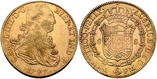 1620 - CARLOS IV (1788-1808). 8 Escudos. (Au. 26,98g/37mm). 1797. México FM. (Cal-2019-1637). MBC+. Restos de brillo original. - 2.500€