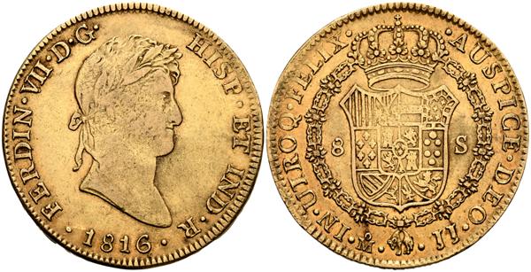 1699 - FERNANDO VII (1808-1833). 8 Escudos. (Au. 26,97g/37mm). 1816. México JJ. (Cal-2019-1794). Busto laureado. MBC. Restos de brillo original en reverso. - 2.200€