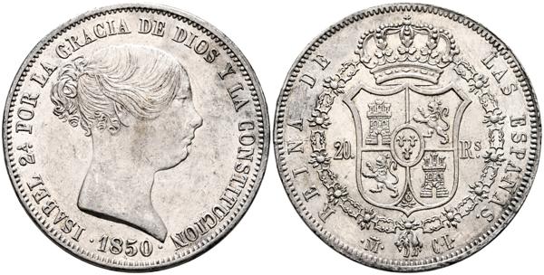 1740 - ISABEL II (1833-1868). 20 Reales. (Ar. 26,14g/37mm). 1850. Madrid CL. (Cal-2019-591). EBC. Restos de brillo original. Escaso así. - 200€