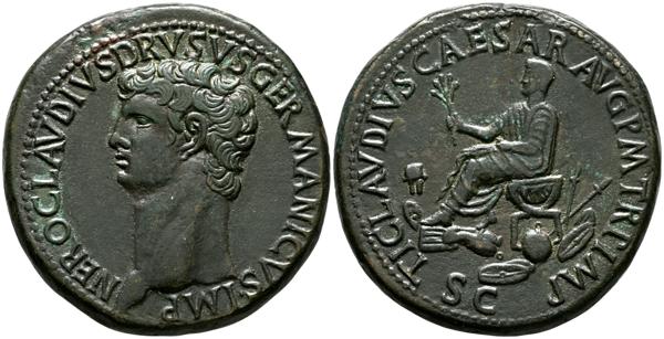 538 - NERO DRUSO, en época de Claudio I. Sestercio. (Ae. 26,37g/36mm). 41-50 d.C. (RIC 93). Anv: Cabeza de Claudio I a izquierda, alrededor leyenda: NERO CLAVDIVS DRVSVS GERMANICVS IMP. Rev: Claudio I sentado a izquierda sobre silla curul portando rama, debajo armas, alrededor leyenda: TI CLAVDIVS CAESAR AVG P M TR P IMP. EBC. Campos repasados. Escaso ejemplar. - 2.000€
