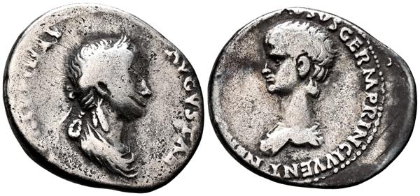555 - AGRIPINA II y NERON. Denario. (Ar. 3,43g/20mm). 50-54 d.C. Roma. (RIC 75). Anv: Busto laureado y drapeado de Agripina II a derecha, alrededor leyenda: AGRIPPINAE AVGVSTAE. Rev: Busto drapeado de Nerón a izquierda, alrededor leyenda: NERO CLAVD CAES DRVSVS GERM PRINC IVVENT. BC+. Tono en reverso. Muy raro ejemplar. - 1.000€