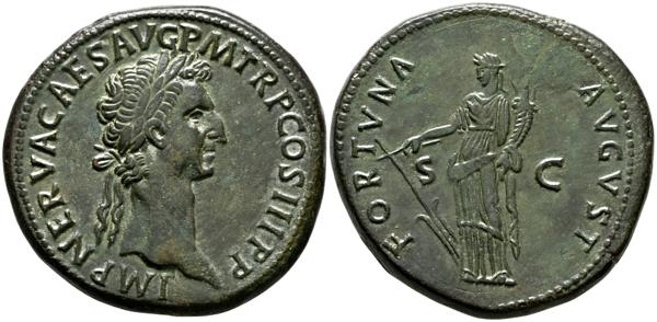 572 - NERVA. Sestercio. (Ae. 27,81g/35mm). 97 d.C. Roma. (RIC 83). Anv: Cabeza laureada de Nerva a derecha, alrededor leyenda: IMP NERVA CAES AVG P M TR P COS IIII P P. Rev: Fortuna estante a izquierda portando timón y cornucopia, entre S-C, alrededor leyenda: FORTVNA AVGVST. EBC. Campos repasados. - 1.800€