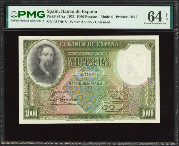 102 - 1000 Pesetas. 25 de Abril de 1931. Sin serie. (Edifil 2023: 362, Pick: 84Aa). Muy raro en esta calidad, apresto original. SC. Encapsulado PMG64EPQ. - 850€