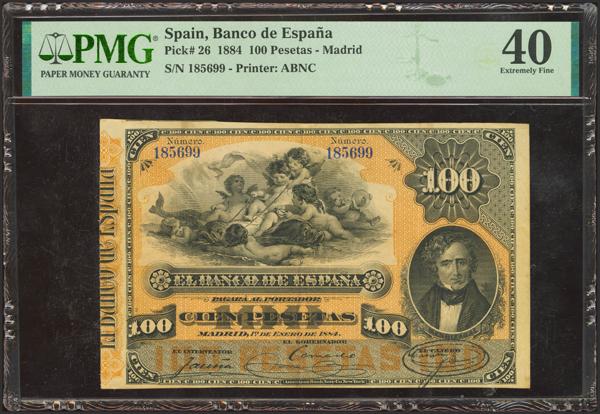 10 - 100 Pesetas. 1 de Enero de 1884. Sin serie. (Edifil 2023: 284, Pick: 26). Muy raro, en esta calidad, especialmente sin ninguna reparación. EBC-. Encapsulado PMG40. (para hacernos idea de la rareza, a fecha 1 de Mayo de 2025, este billete es el segundo mejor calificado junto a otros dos billetes en PMG) - 3.000€