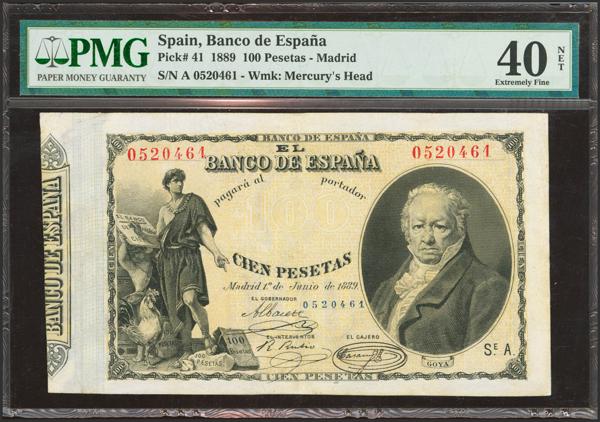 11 - 100 Pesetas. 1 de Junio de 1889. Serie A. (Edifil 2023: 299, Pick: 41). Muy raro, reparado. MBC+. Encapsulado PMG40NET (repaired). - 1.200€