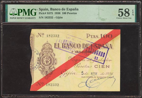 149 - 100 Pesetas. 1936. Sucursal de Gijón. (Edifil 2021: 384, Pick: S575). Raro en esta calidad, apresto original. EBC+++. Encapsulado PMG58EPQ. (para hacernos idea de la rareza, a fecha 1 de Septiembre de 2026, este billete es el único calificado con EPQ en PMG). - 350€