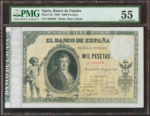 14 - 1000 Pesetas. 1 de Mayo de 1895. Sin serie. (Edifil 2023: 303, Pick: 45). Muy raro, especialmente en esta calidad, mínimamente reparado. EBC+. Encapsulado PMG55 (minor repairs). - 3.500€