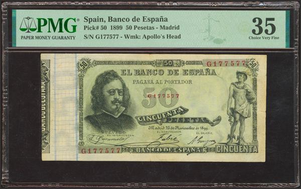 16 - 50 Pesetas. 25 de Noviembre de 1899. Serie G. (Edifil 2023: 307a, Pick: 50). Raro en esta conservación, especialmente sin ningún tipo de reparaciones. MBC+. Encapsulado PMG35 (tear). - 1.000€