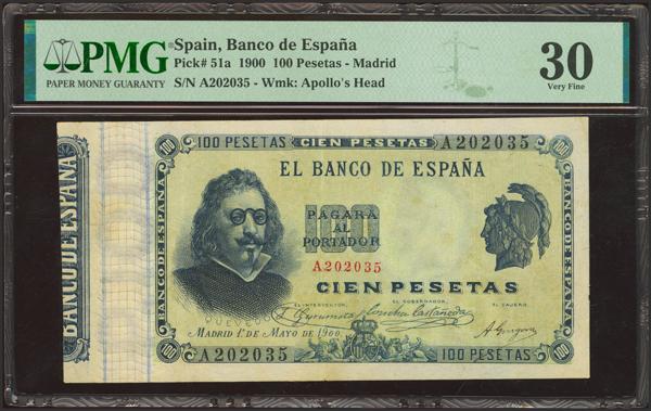 17 - 100 Pesetas. 1 de Mayo de 1900. Serie A. (Edifil 2023: 308, Pick: 51a). Raro, especialmente en esta calidad y sin ninguna reparación. MBC+. Encapsulado PMG30. - 950€