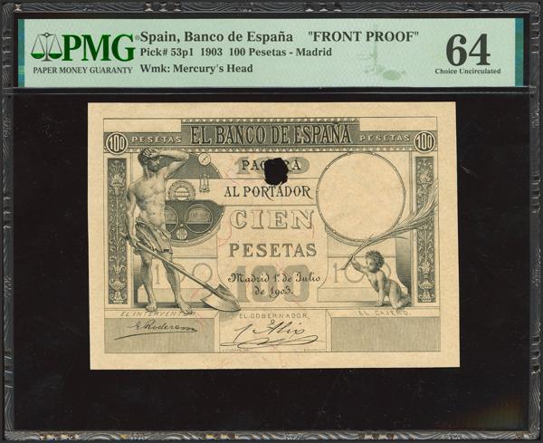 19 - 100 Pesetas. 1 de Julio de 1903. Prueba de anverso y sin numeración. (Edifil 2021: 310P, Pick: 53p1). Inusual. Encapsulado PMG64. - 175€