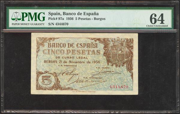 202 - 5 Pesetas. 21 de Noviembre de 1936. Sin serie. (Edifil 2023: 417, Pick: 97a). Rarísimo, en esta excepcional calidad. SC. Encapsulado PMG64. - 2.000€