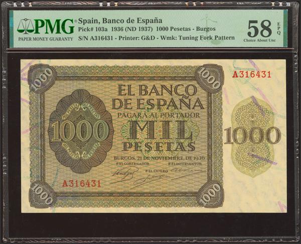 234 - 1000 Pesetas. 21 de Noviembre de 1936. Serie A. (Edifil 2023: 423, Pick: 103a). Rarísimo en esta excepcional calidad, ondulación sin romper fibra. EBC+++. Encapsulado PMG58EPQ. - 950€