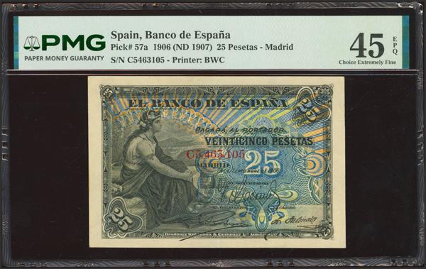 23 - 25 Pesetas. 24 de Septiembre de 1906. Serie C. (Edifil 2023: 314a, Pick: 57a). Inusual en esta calidad, apresto original. EBC. Encapsulado PMG45EPQ. - 300€