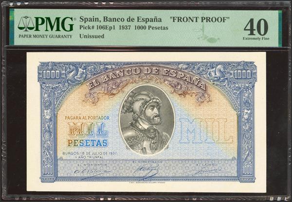 240 - 1000 Pesetas. 18 de Julio de 1937. Prueba de anverso definitiva del No Emitido. (Edifil: NE44P, Pick: 106Ep1). Extremadamente rara y enormemente espectacular. EBC-. Encapsulado PMG40. - 4.500€