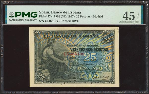 24 - 25 Pesetas. 24 de Septiembre de 1906. Serie C. (Edifil 2023: 314a, Pick: 57a). Inusual en esta calidad, apresto original. EBC. Encapsulado PMG45EPQ. - 300€