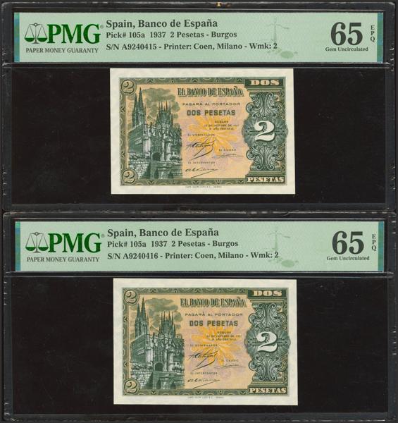 253 - 2 Pesetas. 12 de Octubre de 1937. Pareja correlativa. Serie A. (Edifil 2023: 426, Pick: 105a). Muy rara pareja especialmente en esta excepcional calidad, apresto original. SC. Encapsulados PMG65EPQ, ambos.<BR> - 600€