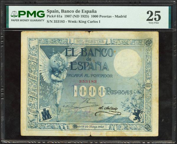 27 - 1000 Pesetas. 10 de Mayo de 1907. Sin serie. (Edifil 2023: 317, Pick: 61a). Muy raro. MBC+. Encapsulado PMG25 (splits). - 1.650€
