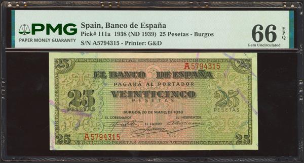 287 - 25 Pesetas. 20 de Mayo de 1938. Serie A. (Edifil 2023: 430, Pick: 111a). Rara serie especialmente en esta calidad, apresto original. SC. Encapsulado PMG66EPQ. - 300€