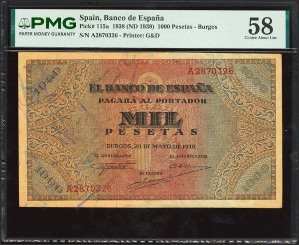 309 - 1000 Pesetas. 20 de Mayo de 1938. Serie A. (Edifil 2023: 434, Pick: 115a). Raro. EBC++. Encapsulado PMG58. - 500€