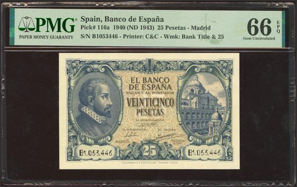323 - 25 Pesetas. 9 de Enero de 1940. Serie B. (Edifil 2023: 436a, Pick: 116a). Raro en esta excepcional calidad, apresto original. SC. Encapsulado PMG66EPQ. - 275€