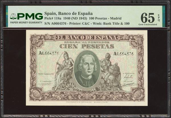 335 - 100 Pesetas. 9 de Enero de 1940. Serie A. (Edifil 2023: 438, Pick: 118a). Muy rara serie en esta excepcional calidad, apresto original. SC. Encapsulado PMG65EPQ. - 300€