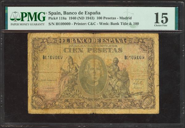 345 - 100 Pesetas. 9 de Enero de 1940. Serie I, utilizada en la Guinea Española, antes de su independencia. (Edifil 2023: 438b, Pick: 118a). Extraordinariamente rara serie. BC. Encapsulado PMG15. - 325€