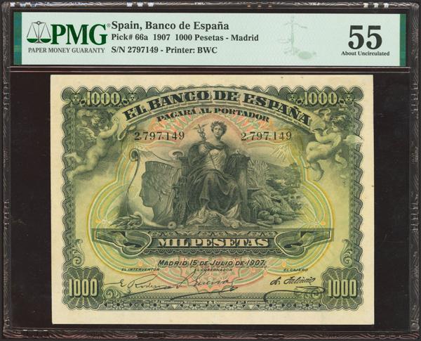 34 - 1000 Pesetas. 15 de Julio de 1907. Sin serie. (Edifil 2023: 322, Pick 66a). Rarísimo en esta excepcional calidad y especialmente sin reparaciones. EBC++. Encapsulado PMG55. - 1.500€