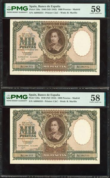 351 - 1000 Pesetas. 9 de Enero de 1940. Pareja correlativa. Serie A. (Edifil 2023: 440, Pick: 120a). Muy rara pareja en esta calidad. EBC++. Encapsulados PMG58, ambos. - 1.500€