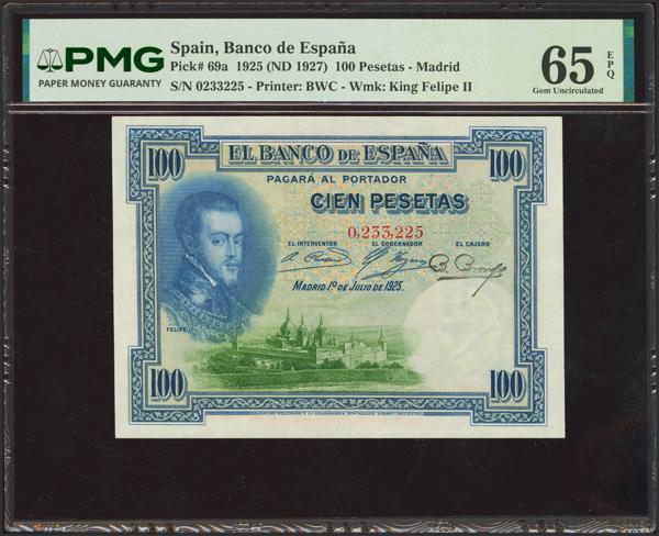 36 - 100 Pesetas. 1 de Julio de 1925. Sin serie. (Edifil 2023: 323, Pick: 69a). Rarísimo sin serie, especialmente en esta excepcional calidad, apresto original. SC. Encapsulado PMG65EPQ. - 1.500€